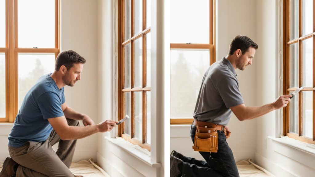 Side-by-side comparison showing a homeowner applying window glazing putty and a professional contractor repairing a window frame with a putty knife.