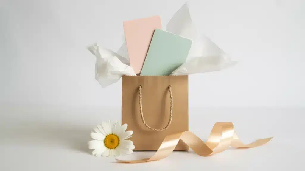 Small gift bag with tissue paper holding pastel-colored gift cards, placed beside a ribbon and a white daisy on a clean, minimal surface