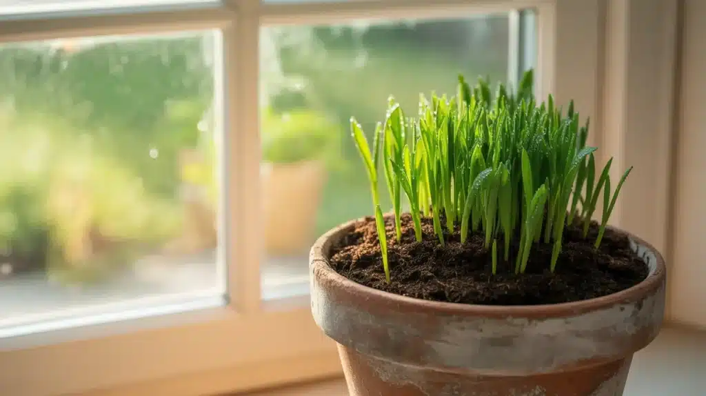 Small green seedlings growing in a terracotta pot placed on a windowsill with sunlight streaming in