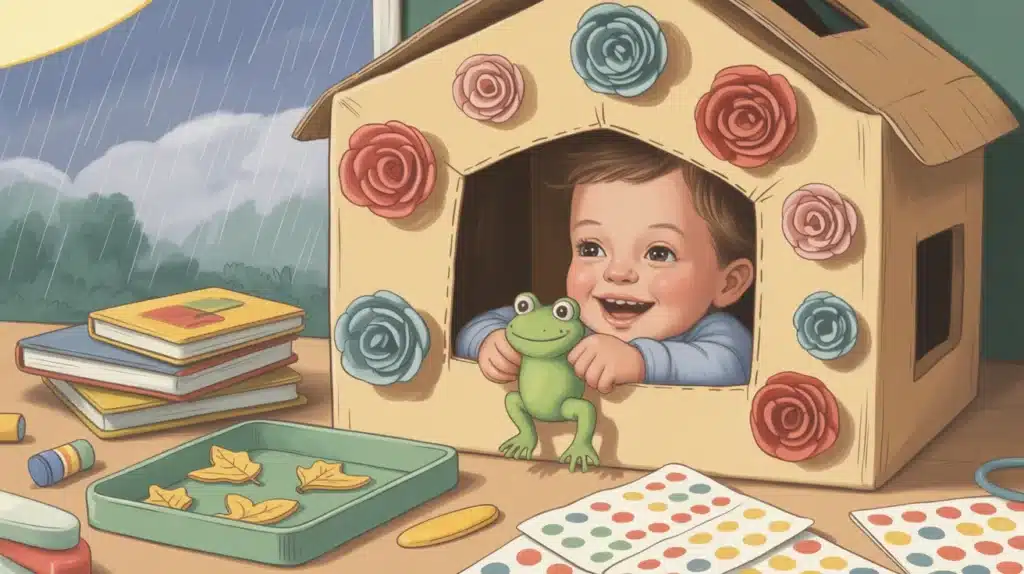 Smiling child playing inside a decorated cardboard playhouse with paper flowers, holding a toy frog, surrounded by books and craft supplies on a rainy day indoors