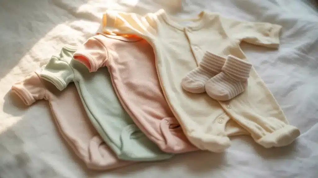 Soft newborn clothing laid out on a bed, including pastel-colored onesies and a pair of tiny striped baby socks arranged neatly in warm natural light