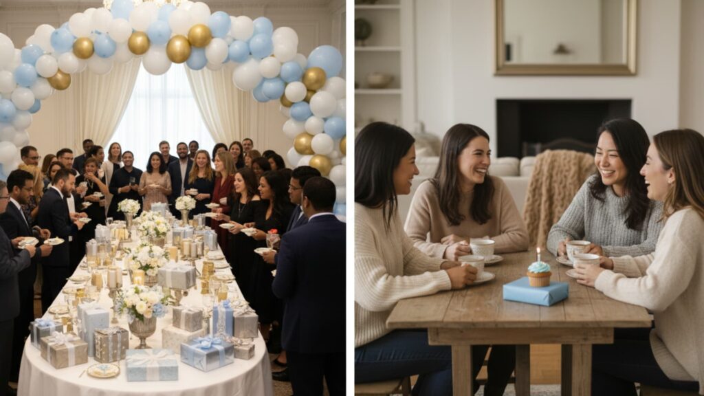 Split image of a large baby shower with decorations and guests, and a smaller baby sprinkle with a few women chatting over tea