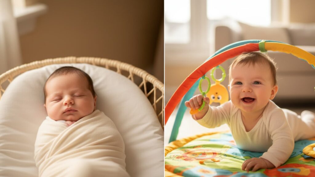 Split image showing a swaddled sleeping newborn on one side and a smiling baby playing on a colorful activity mat on the other