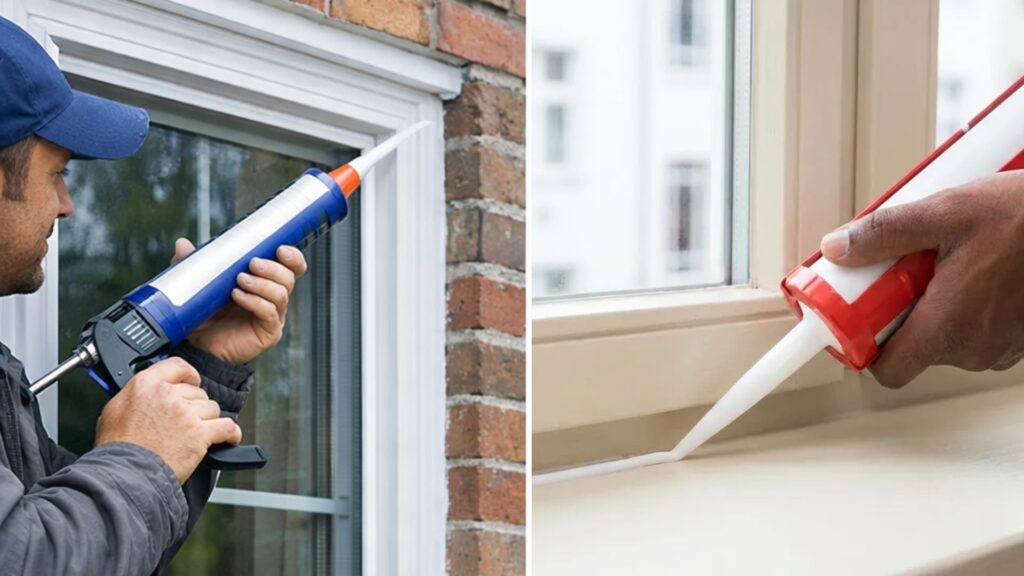 Split image showing exterior and interior window sealing left side applying caulk around an outside window frame on a brick wall, right side applying sealant along an indoor window sill.