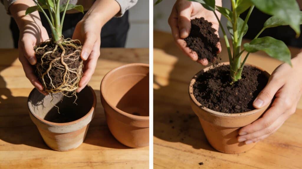 Split image showing plant repotting steps, with exposed roots being removed from an old pot on one side and fresh soil added around the plant in a new pot on the other