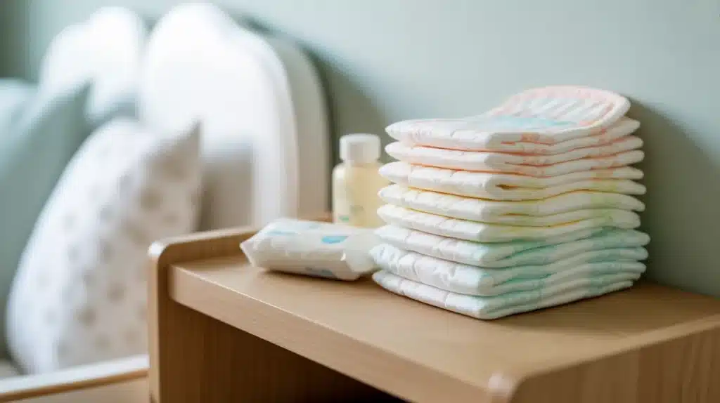 Stack of clean baby diapers on a wooden changing table with wipes and lotion, set beside a crib in a softly lit nursery