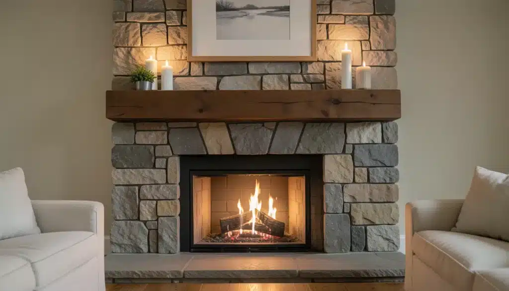 Stone fireplace with wooden mantel, lit candles, and warm fire, creating a cozy farmhouse living room focal point