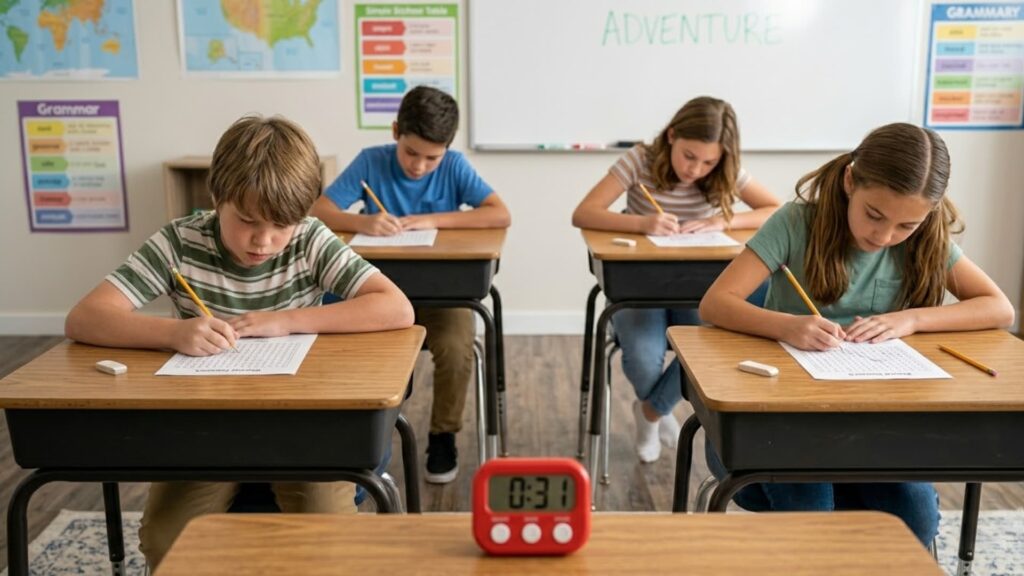 Students sitting at desks in a classroom, focused on completing worksheets while a timer on the front desk counts down