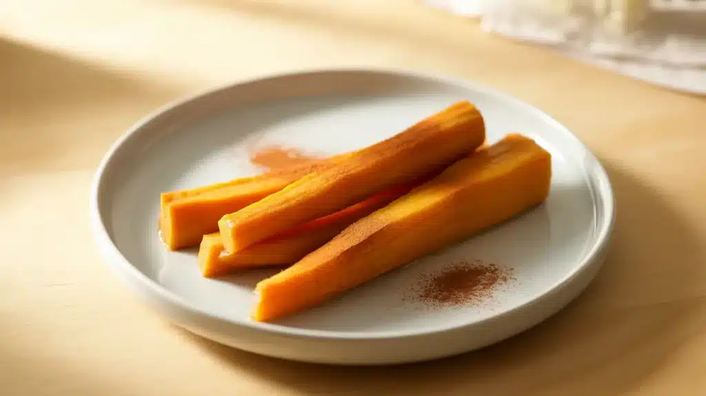Sweet potato sticks on a plate with a light sprinkle of spice, served on a wooden table