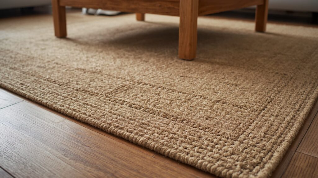 Textured jute rug under wooden coffee table on hardwood floor, adding warmth and natural farmhouse style to the living room