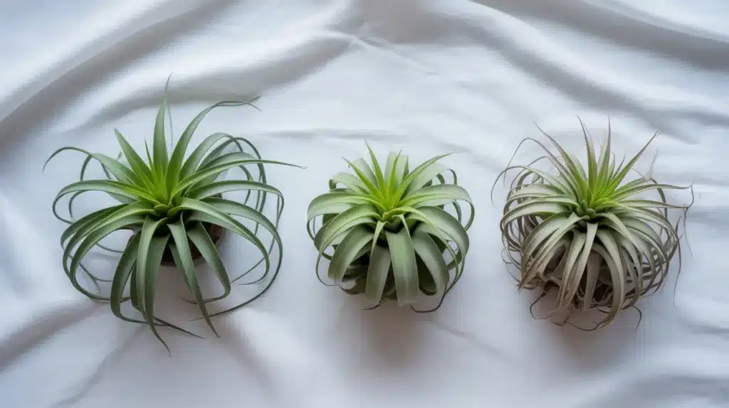 Side-by-side comparison of mesic and xeric air plants, showing a thinner, lighter green plant versus a thicker, silvery, more compact plant