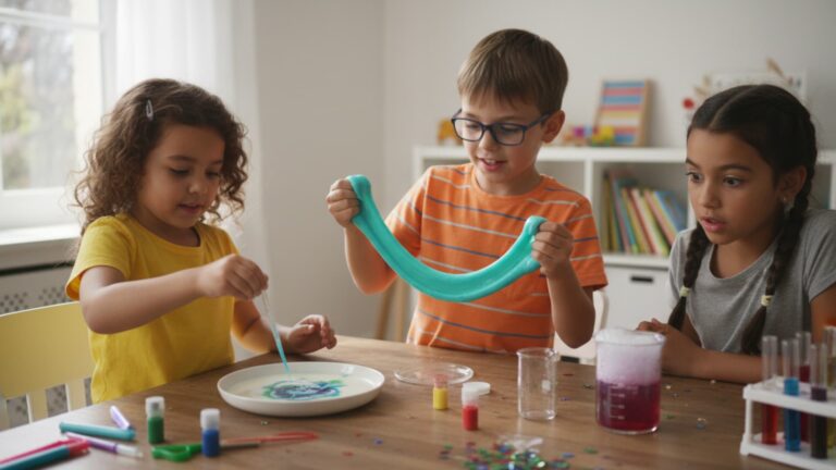Three kids making slime during a fun science experiment at a table with colorful liquids, glitter, and containers.