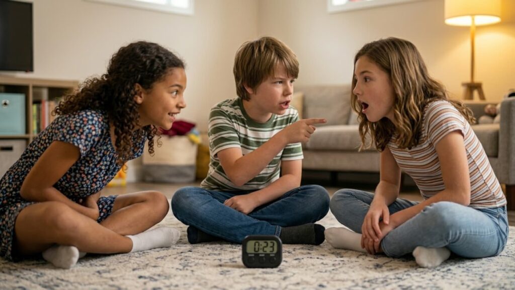 Three kids sitting on the floor playing a fast-paced guessing game, reacting with surprise and excitement while a timer counts down in front of them
