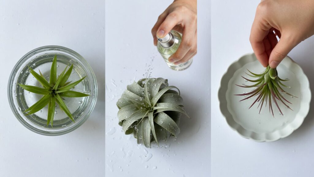 Three methods of watering air plants are shown side by side soaking in water, misting with a spray bottle, and dipping briefly in a shallow dish
