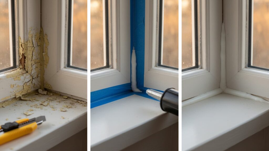 Three-step window resealing process showing removal of old cracked caulk, application of new sealant with tape guides, and a clean finished window frame