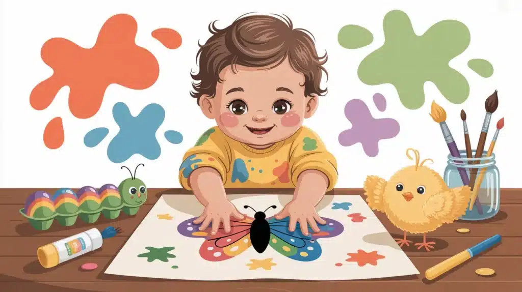 Toddler creating colorful butterfly art using handprints, surrounded by paint splashes, brushes, and spring-themed craft items like a chick and caterpillar.