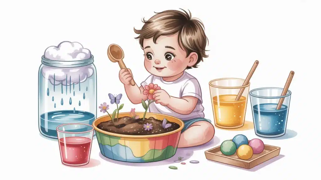 Toddler engaged in sensory play, scooping soil and flowers in a bowl, with colorful liquids, a cloud-in-a-jar experiment, and small sensory balls nearby
