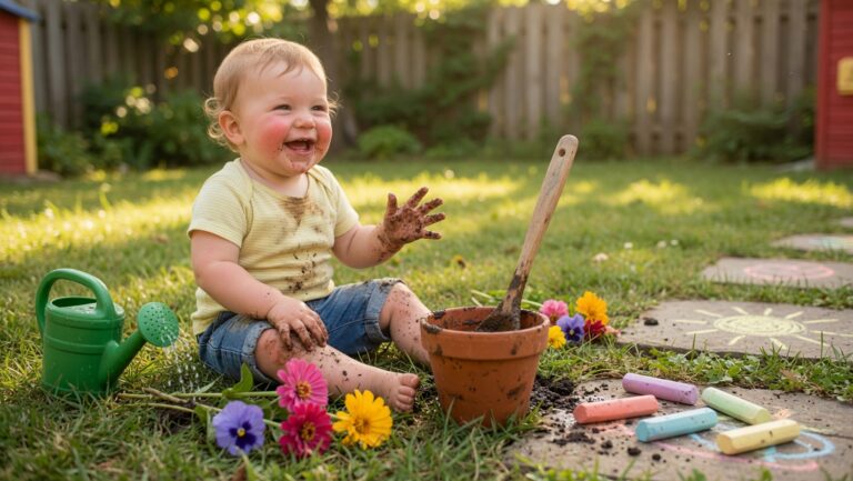 Toddler sitting in a garden, happily playing with soil and a flower pot, surrounded by colorful flowers, chalk drawings, and a small watering can.