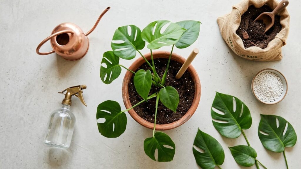 Top-down view of Monstera plant care setup with a potted plant, watering can, spray bottle, soil mix, fertilizer, and cut leaves arranged neatly on a surface