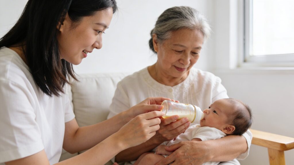 Two caregivers feeding a baby with a bottle, showing shared caregiving and support during infant feeding