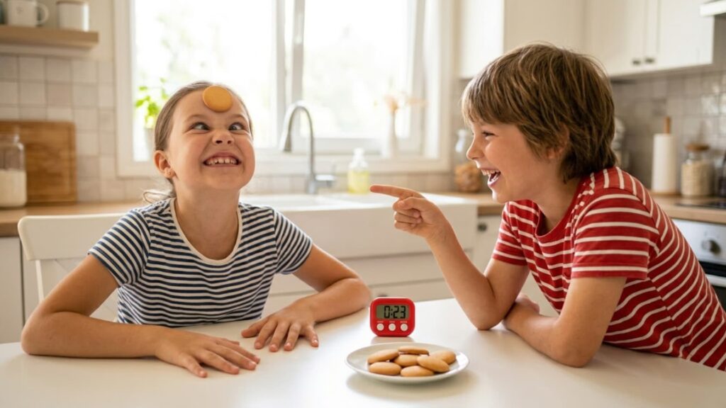 Two children laughing at a table during a game, as one balances a cookie on their forehead while a timer and plate of cookies sit nearby
