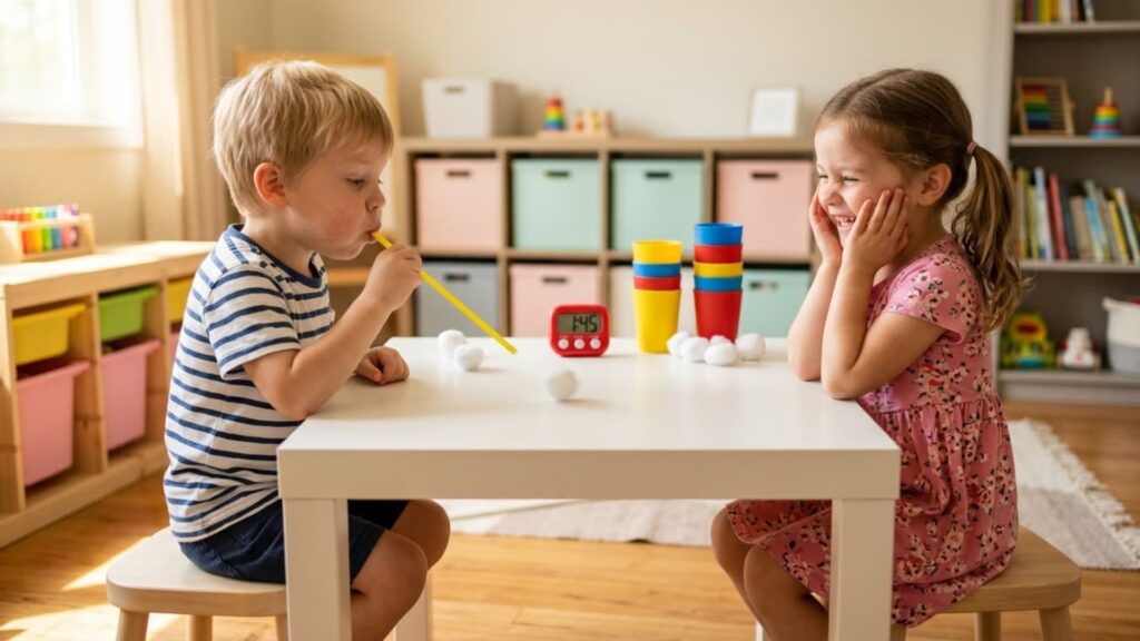 Two young children sitting at a small table playing a game, using a straw to blow cotton balls across the surface while colorful cups and a timer sit nearby