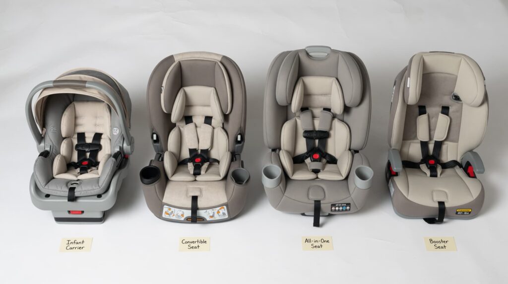Types of baby car seats showing infant carrier, convertible seat, all-in-one seat, and booster seat arranged side by side on a neutral background