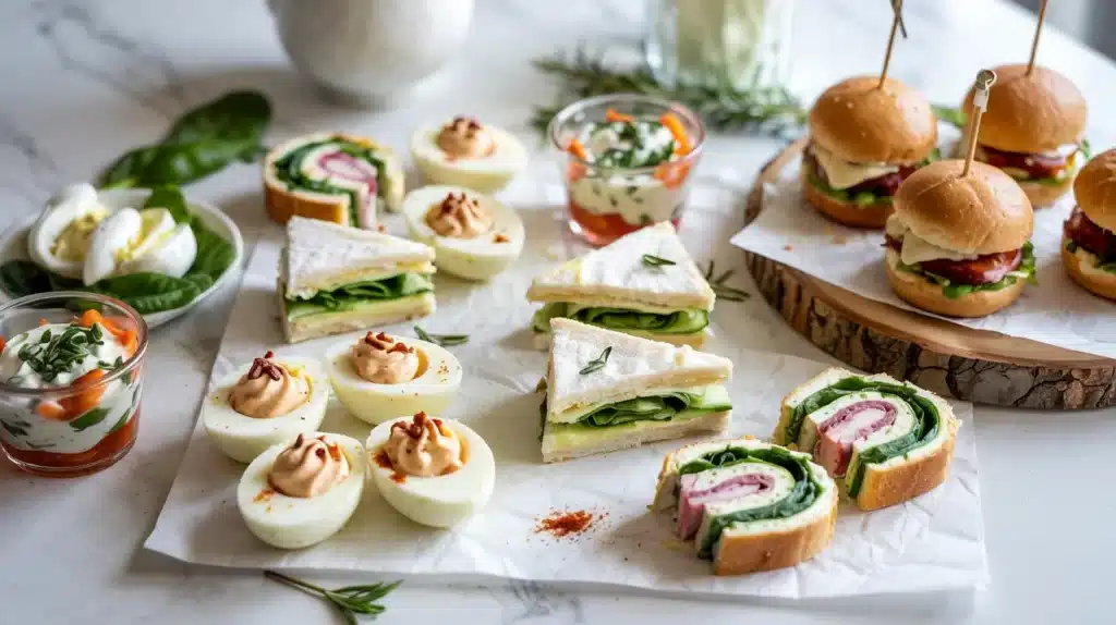 Variety of baby shower finger foods and appetizers, including tea sandwiches, deviled eggs, pinwheels, mini sliders, and small cups of creamy dips arranged on a table
