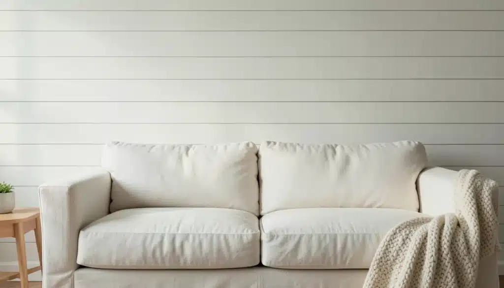 White sofa against shiplap wall with cozy throw blanket and small wooden side table, creating a clean farmhouse living room look
