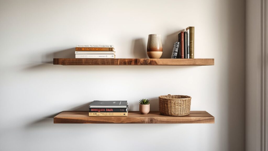 Wooden floating shelves with books, decor, and a woven basket on a neutral wall, adding simple farmhouse living room storage and style