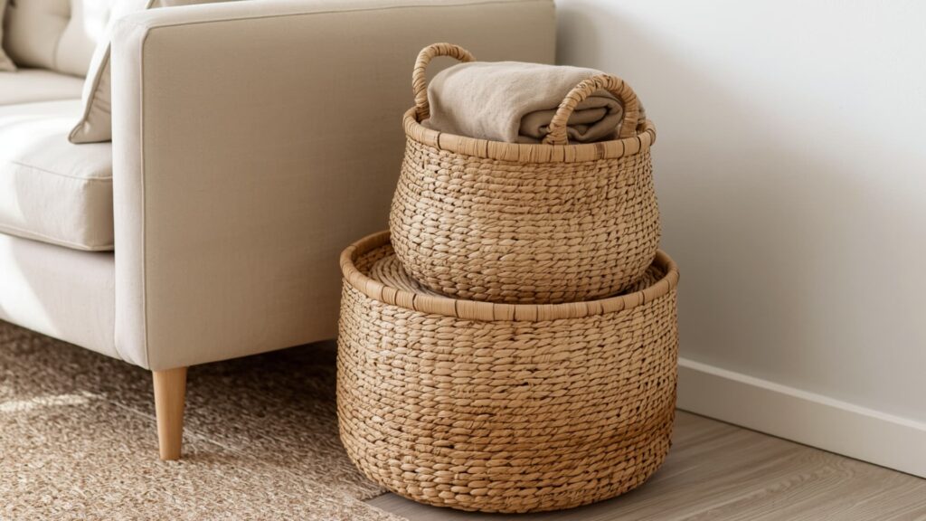 Woven storage baskets with a folded blanket beside a sofa, adding texture and practical farmhouse living room storage