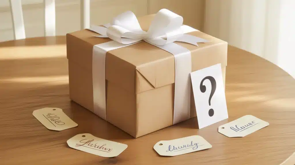 Wrapped group gift box with a white ribbon placed on a table, surrounded by name tags from contributors and a card with a question mark indicating a surprise present