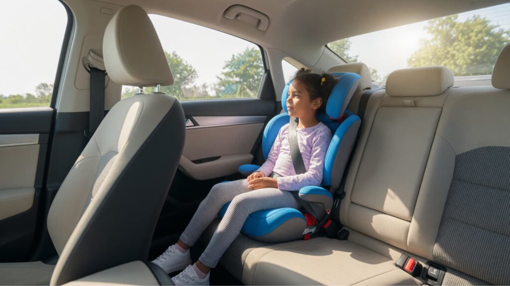 Young child safely seated in a booster car seat in the back of a car, secured with a seatbelt and looking out the window.
