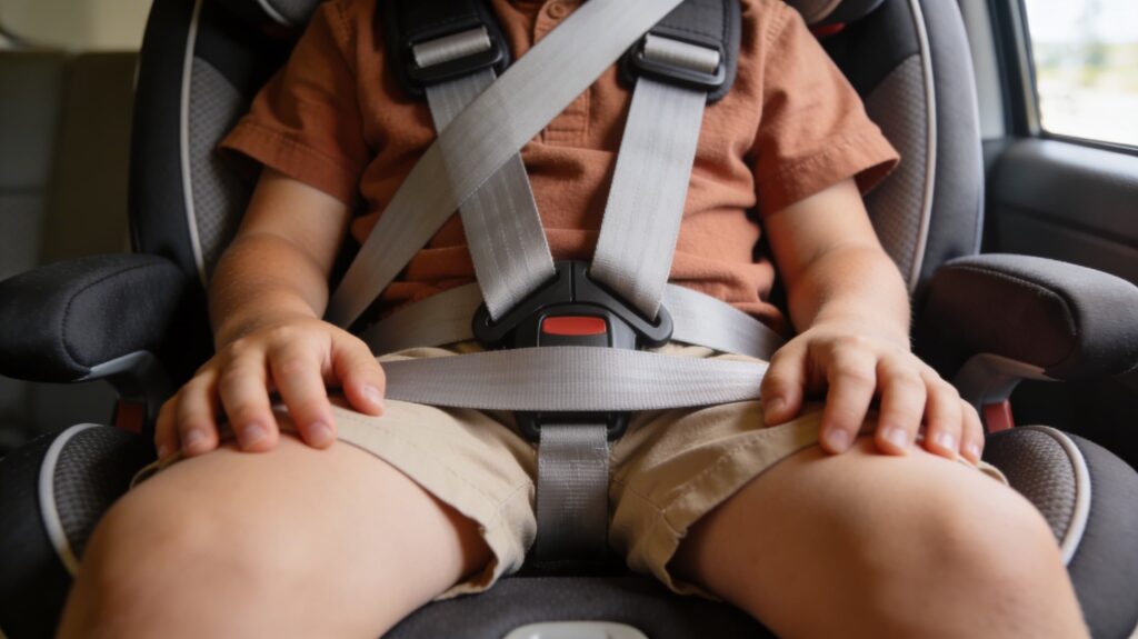Young child secured in a forward-facing car seat with a 5-point harness, straps correctly crossed over the chest and buckled at the center clip