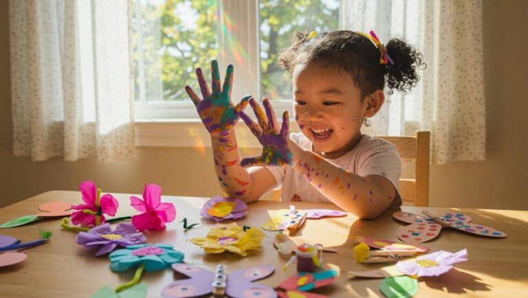 Young child with paint-covered hands smiling at a table filled with colorful spring crafts, including paper flowers and butterflies, with sunlight streaming through a window in the background.