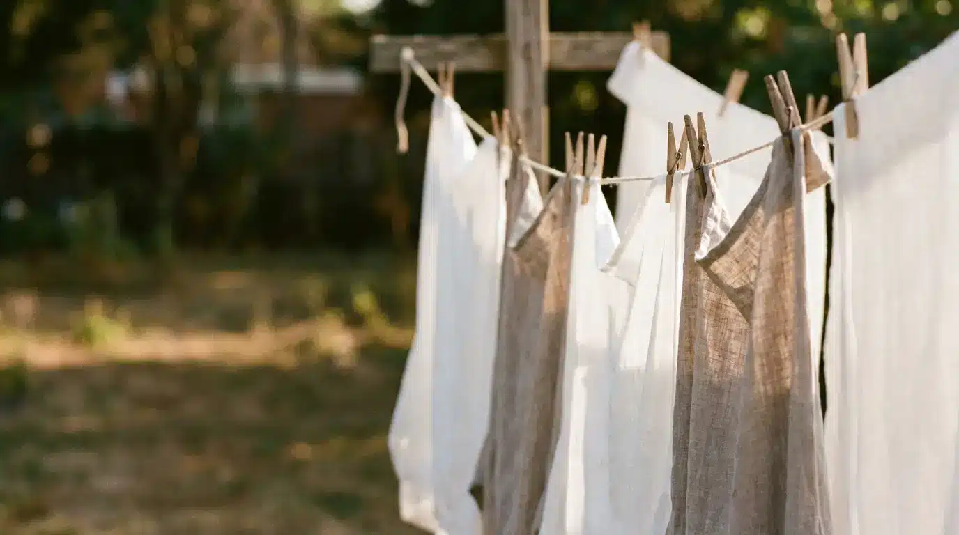 Linen clothes hanging on a line outdoors in a sunlit garden setting