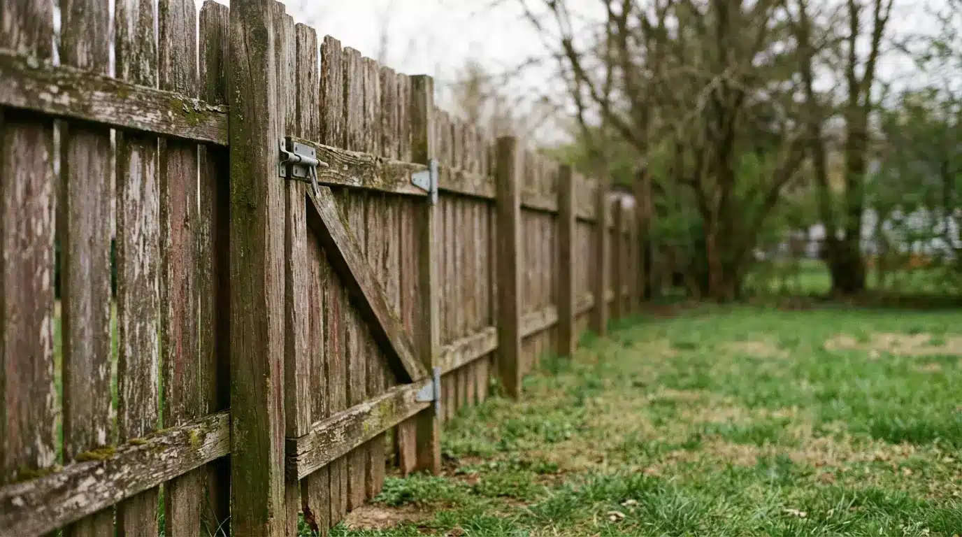 Wooden fence with gate in grassy backyard on overcast day