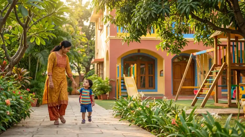 Woman and child walking on garden path next to colorful playground and house