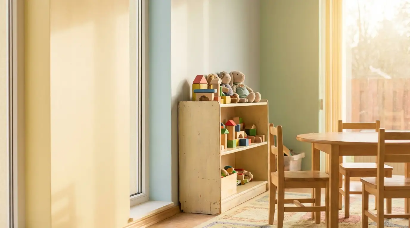 Shelves with colorful wooden toys next to a round table in a sunlit playroom
