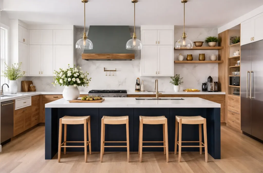 Modern kitchen with marble countertops, wooden cabinets, and island with bar stools under pendant lights