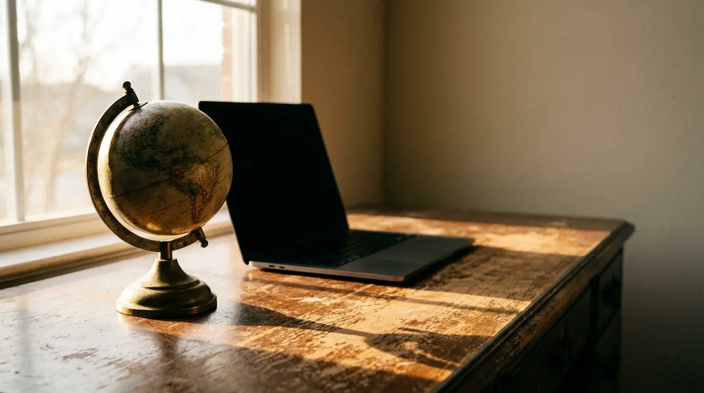 Globes and laptop on wooden desk near sunlit window