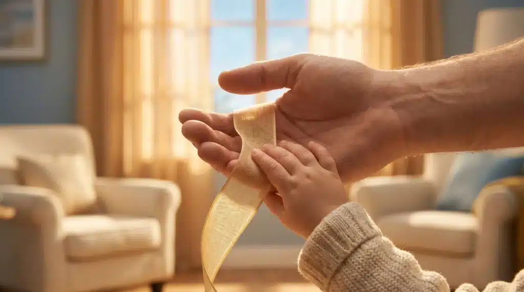 Adult and child holding gold ribbon in sunlit living room with beige furniture