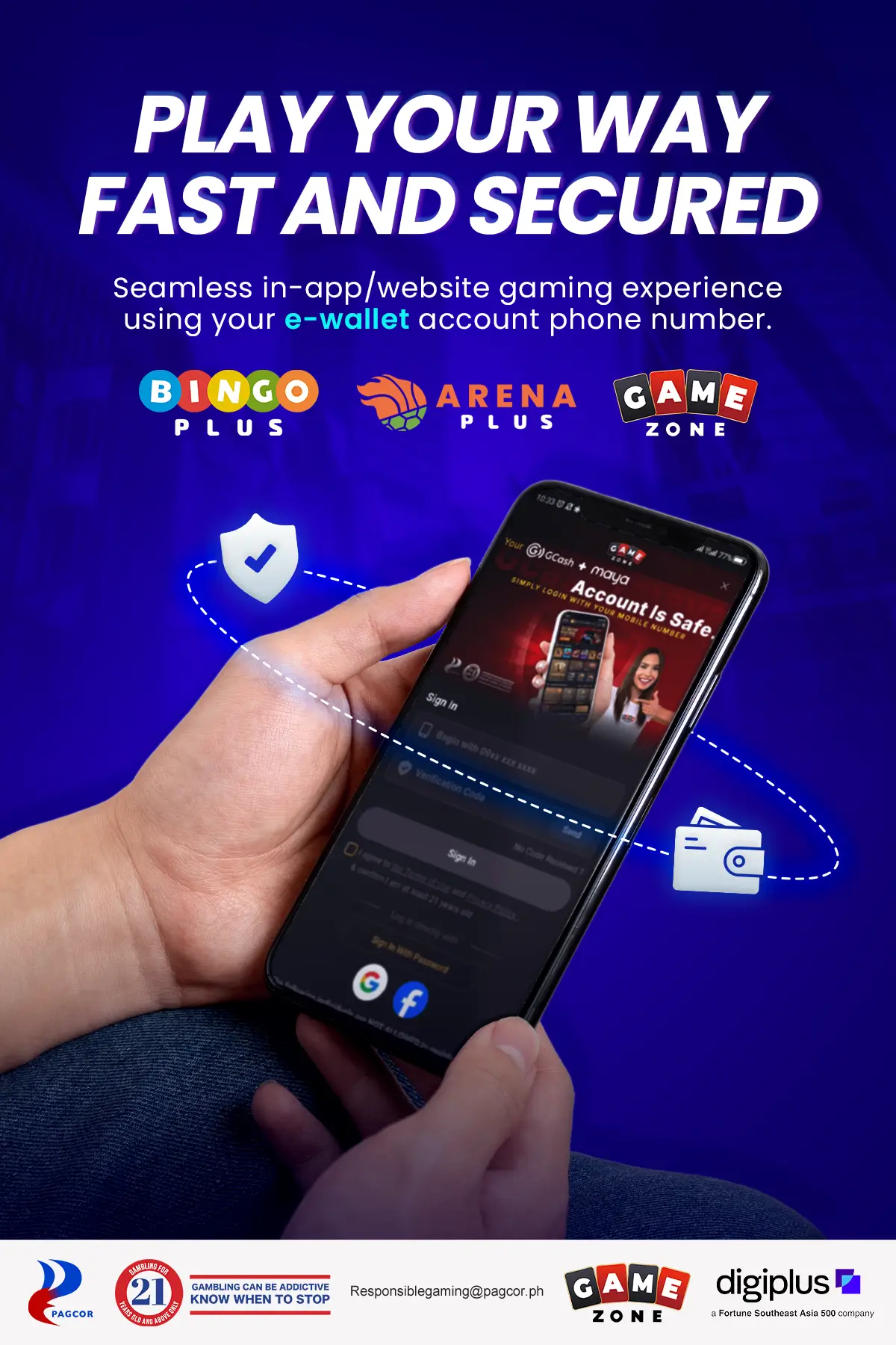 Hand holding smartphone displaying secure login screen against blue background with icons
