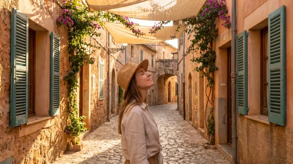 Woman in straw hat enjoying picturesque cobblestone alley with vibrant flowers and shutters