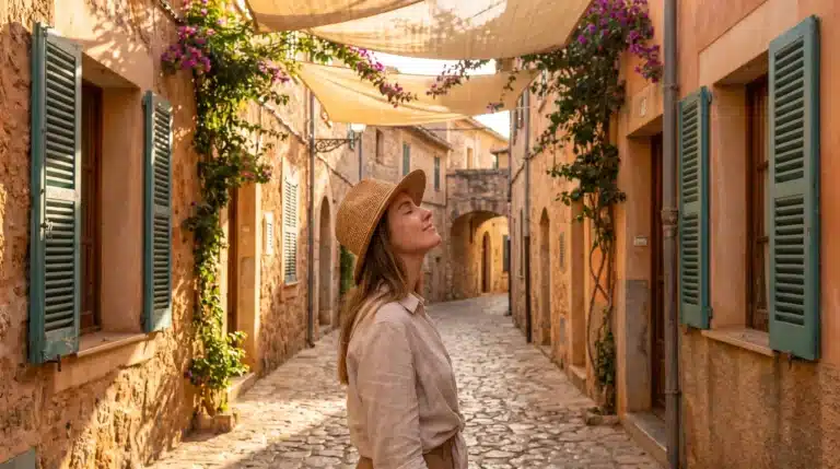 Woman in straw hat enjoying picturesque cobblestone alley with vibrant flowers and shutters