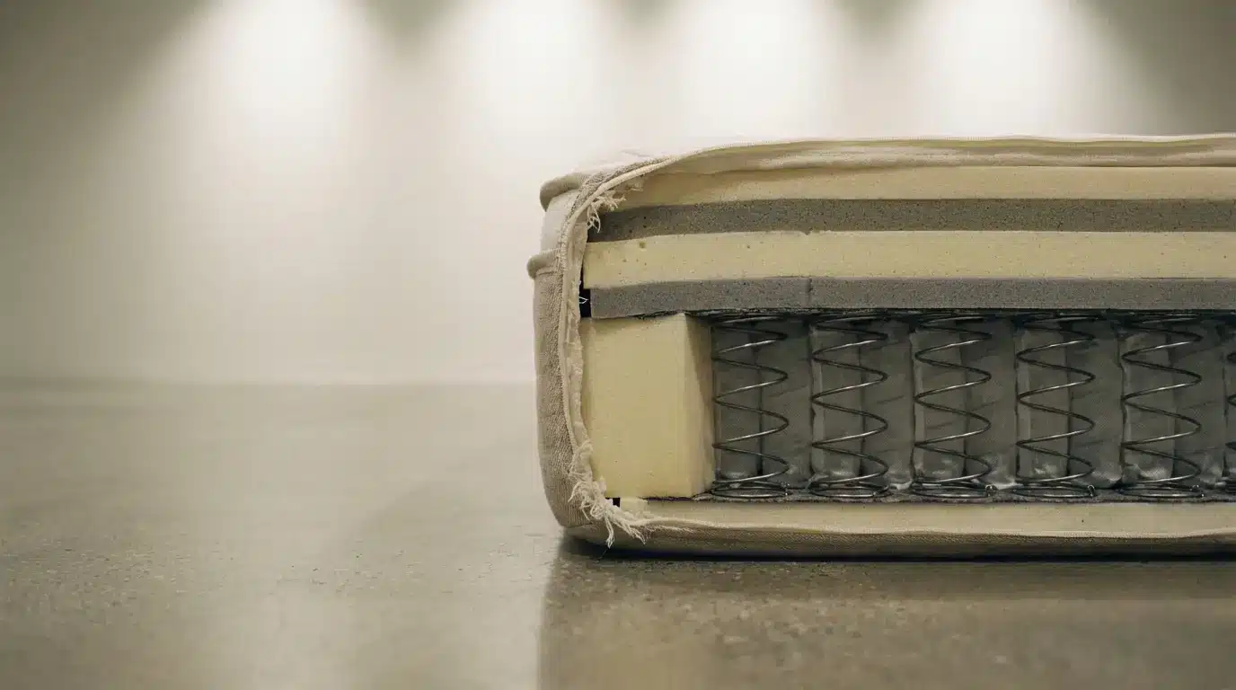 Cutaway view of mattress layers showing springs and foam in neutral-toned room