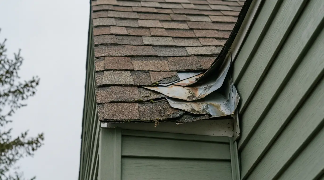 Damaged roof shingles with exposed metal flashing on green siding house