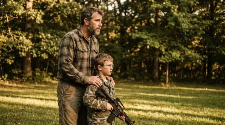 Man and young boy with rifle standing in forest wearing camouflage clothing and protective eyewear