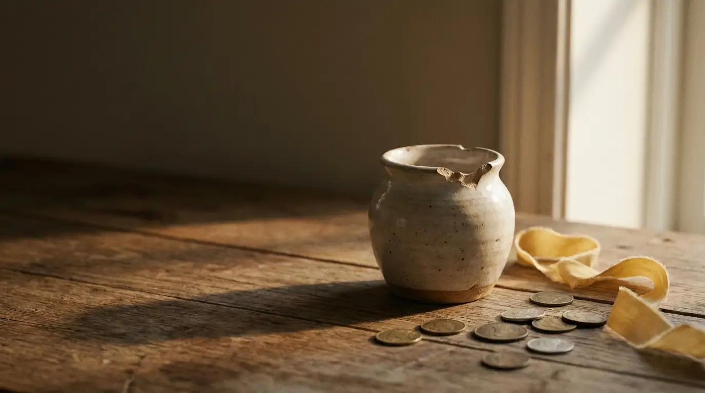 Ceramic jug and scattered coins on wooden table in warm natural light