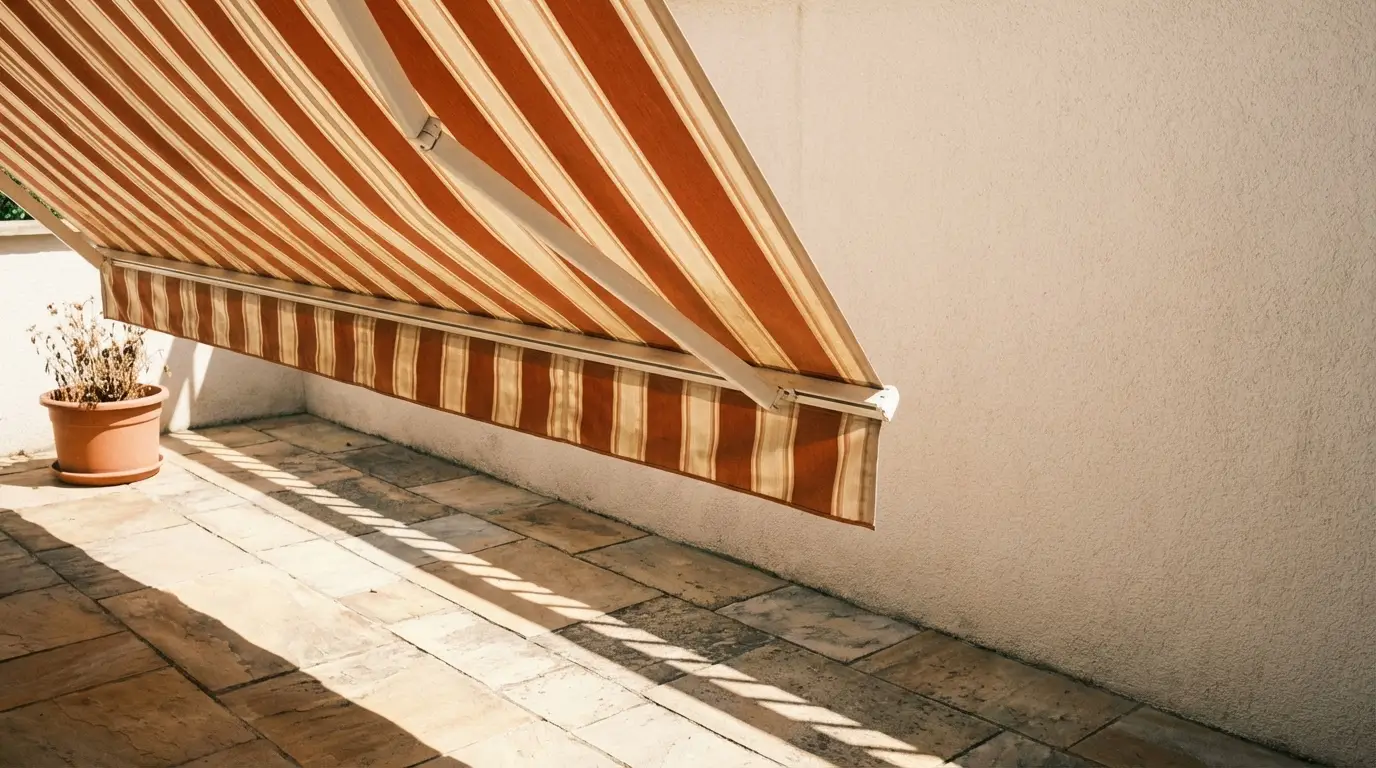 Red and white striped patio awning casting shadows on stone tile floor